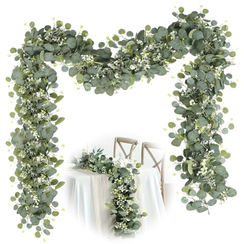 Wapasezyar Guirnalda de eucalipto artificial decorativa de 1,8 m, hojas verdes con flores blancas, zarcilla de eucalipto para boda, fondo, guirnalda de flores, decoración de mesa, pieza central, verde