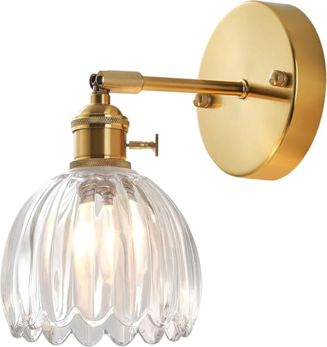 DLGLOLIN Applique Murale Fleur Vintage Laiton Doré et Verre avec Interrupteur Lampe Murale Vintage E27 Luminaire Murale pour Salle de Bain Chambre Salon Cuisine
