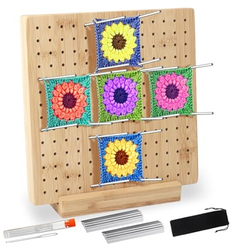 USHOP Planche de blocage Granny Square,Planche de Blocage pour Granny Square 19.5 * 19.5 * 2 cm,Accessoires de Crochet Tricot,avec 20 Tiges,5 Aiguilles en Inox,pour Projets de Tricot et de Crochet