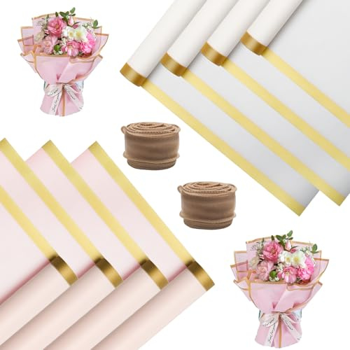 Carta da Regalo Per Bouquet 40 Fogli Fioristi Carta Impermeabile in Rosa e Bianco per Bouquet con 2 Nastri in Tulle a Coda di Pesce Regali per Fiori Decorazione Floreale