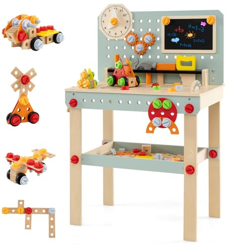 HOMASIS Banco Herramientas de Madera Juguete, Taller Mecanico Montessori con Juego de Herramientas y Espacio de Almacenamiento, Regalo Manualidades y Educativo para Niños y Niñas de 3+ Años
