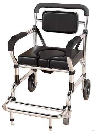 Silla de inodoro con ruedas 4 en 1, silla de inodoro móvil, silla de ducha impermeable con reposapiés plegable para ancianos, discapacitados y embarazadas