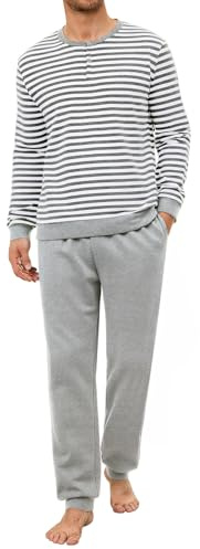 Crewhpo Pyjama Homme Hiver Rayures Ensemble Pyjamas à Manches Longues avec Boutons Pièces Pyjama Long Col Rond Vêtements de Nuit Doux Vêtements de Détente Gris L