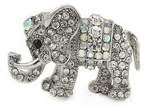 Piccola spilla a forma di elefante in cristallo in metallo argentato – 35 mm, Misura unica, Nessun tipo di metallo, Diamante