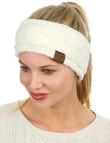 C.C Soft Stretch Winter Warm Cable Knit Fuzzy Lined Ear Warmer Headband, Ivory
