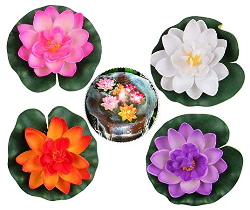 Xrten 4 Stück Wasserlilie Schwimmende Teich Dekoration, Künstliche Seerosen,Seerose Lotusblüte,Schwimmende Blumen,Lotusblüte Künstliche Seerosen Teichpflanze