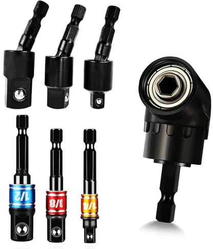 Right Angle Drill Attachment Adapter+ Quick Change Impact Driver Bit Socket Adapter Set Swivel Rotatable/Straight Hex Bit 1/2” 3/8” 1/4”- 7pcs Drill Bit Extension Set for Narrow Space BC7