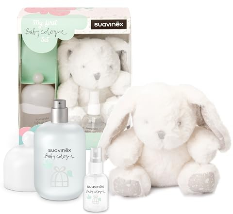 Suavinex, Regalo Bebé Baby Cologne. Incluye Baby Cologne 100 ml + Baby Cologne 50 ml Formato Viaje + Peluche para Bébé. Colonia para Bebé y Niños Baja en Alcohol, No Mancha la Ropa