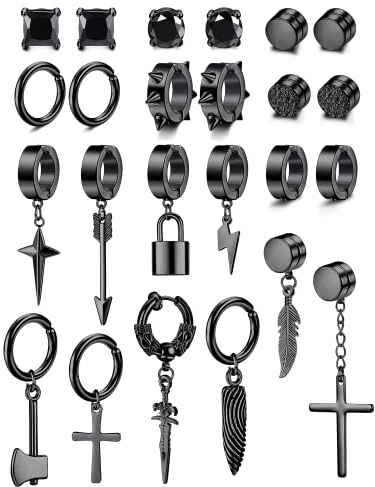 Diamday 24 Pcs Edelstahl Clip-on Ohrringe - Kreuzkette Baumeln Huggiehoop Nicht Durchbohrt Schwarz