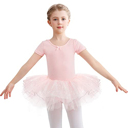 Aiseyi Tütü Mädchen Ballettkleid Kurzarm Balettkleider Baumwolle Ballettanzug Kinder Ballettrock Rosa Ballerina Kleid mit Rock Tutu