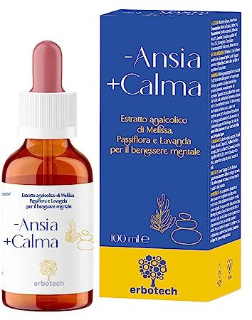 ERBOTECH, Tintura Madre Mix -Ansia Calma+, Analcolica, in Gocce da Diluire, Combatte Ansia e Stress e aumenta benessere mentale, con Melissa, Lavanda e Passiflora, Vegan, non OGM, Made in Italy, 100ml