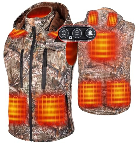 DUKUSEEK Heated Hunting Vest for Men, Electric Heated Warm Gilet With Detachable Hood, Camo Heated Vest with 7.4V Battery for Hiking, Camping, Golf, Outdoors
