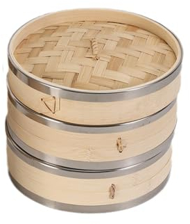 Cuiseur vapeur en bambou de 18 cm, à deux niveaux avec couvercle, idéal pour la cuisine asiatique, les dim sommes, les boulettes, les légumes, le poisson