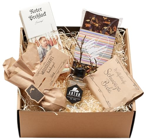 ALLES BESTENS! - Geschenk für Wellness-Liebhaber - duftende Handseife - ‚Woid‘ Badekugel - Anton Gin - Dry Gin - dunkle Grand-Cru-Schokolade 100 g - Peelingseife - Wellness Set - Naturseife