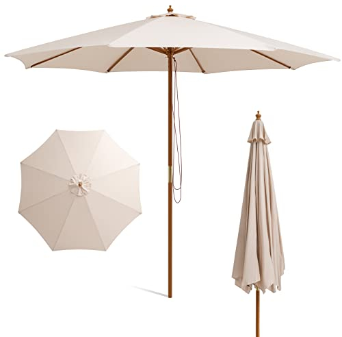 COSTWAY Parasol de Jardin Ø 3M à 3 Hauteurs Réglables, Parasol Droit avec Toit Ventilé Imperméable et Cordon de Serrage, Parasol d’Extérieur à 8 Baleines en Bambou pour Jardin, Cour, Beige