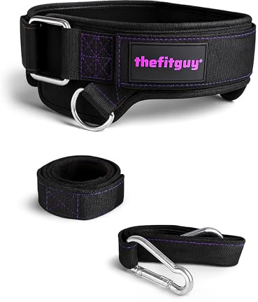 THEFITGUY Women’s Weighted Dip Belt – Contoured No-Pinch Fit for Dips, Pull-Ups & Squats | Designed for Women’s Hips | Sleek Black with Purple Stitching, Secure Buckle, 2 Straps & Hooks Included