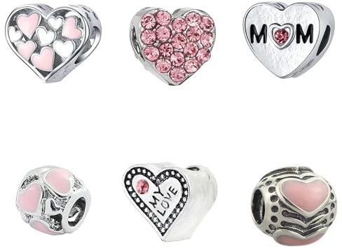SURALIN Lot de 6 Charms Perles Intercalaires en Forme de Cœur, perles d'amour, Pendentif Compatible pour Européen Bracelets Cadeaux de fête des mères pour femmes