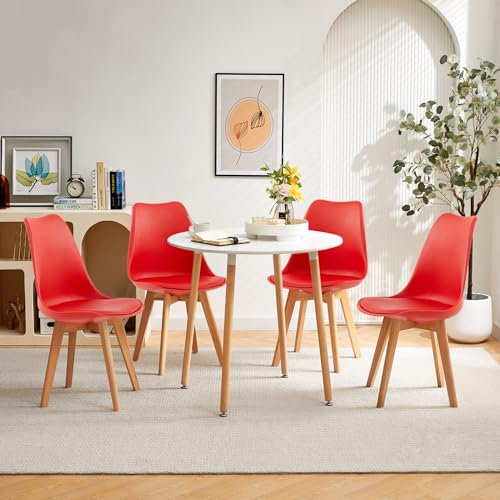 FURNITABLE Matrumsgrupp, matbord med 4 stolar, matgrupper, runt köksbord och set om 4 matstolar, sittgrupp för vardagsrum, kök, kontor (vitt bord + 4 röda stol)