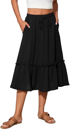 TASAMO Women's Elastic High Waist Flared Skirt with Tiered Hem and Adjustable Drawstring - Lightweight and Breathable for Everyday Wear
