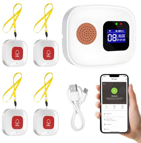 Pulsante di Emergenza per Anziani, Wireless Sistema di Chiamata di Emergenza, 4* Pulsante di Chiamata di Emergenza SOS + 1* Ricevitore, Pulsante di Chiamata WiFi Caregiver Pager per Pazienti Anziani