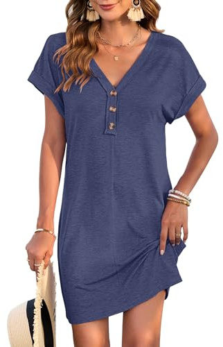 MOLERANI Women's Casual T Shirt V Neck Dress Summer Button Short Sleeve Tunic 2026 Mini Sundresses Plain Swing Dresses Knee Length for Beach, Navy Blue, 2XL