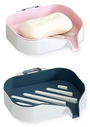Porte-Savon avec écoulement, 2 Pièces Porte-Savon pour Salle de Bain, Porte-savon Sans Perçage Douche, Boîte à Savon Amovible en Plastique avec Drainage, Support pour éponge