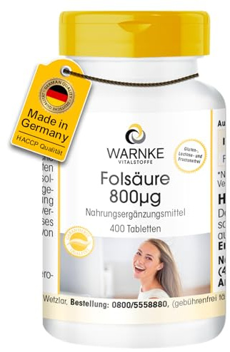 Folsyra 800μg - 400 tabletter - 800μg per tablett - Fertilitet och graviditet - Tysk apotekskvalitet - hög dos - vegan | Warnke Vitalstoffe