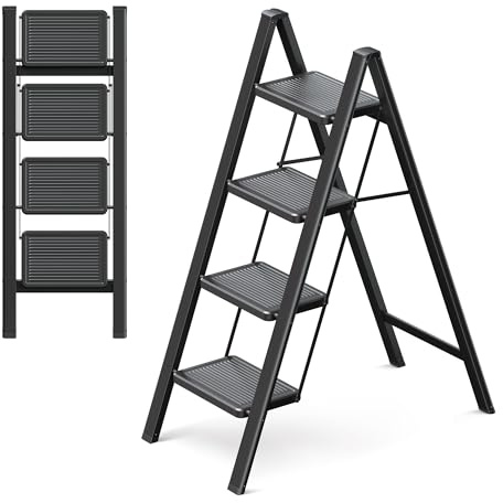 GameGem 4 Step Ladder, 4 Step Stool for Adults, Folding Step Ladder with Secure Footing, Widened Pedal, Aesthetically Pleasing Looking, Blends Right into Domestic Rooms, Black