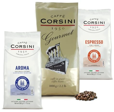Caffè Corsini - Set Café en Grains Aromatiques Le Réveil Parfait, Café Sélectionné, 2x500g + 1kg, 2kg Total