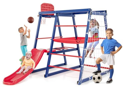 DREAMADE Metall Klettergerüst Outdoor, 150x142x146cm Spielturm Garten, Outdoor Kinder Kletterturm mit Rutsche & Kletternetz & Krabbelleiter & Strickleiter & Basketballkorb für Kinder ab 3 Jahren