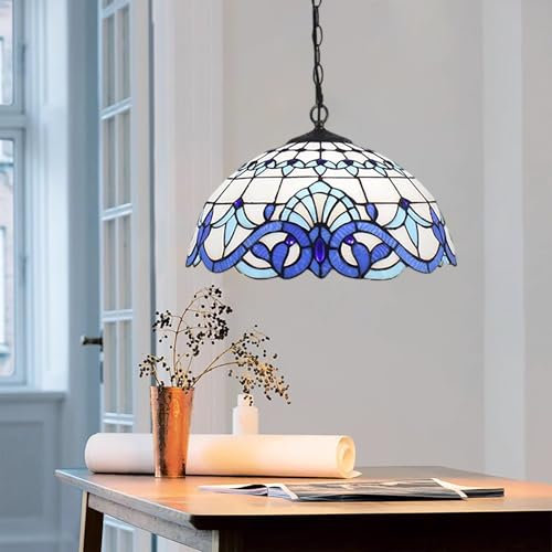 Lampada a sospensione in vetro colorato barocco blu e bianco, lampada a sospensione regolabile in stile Tiffany da 16 pollici con catena per corridoio, cucina, bar, illuminazione a sospensione