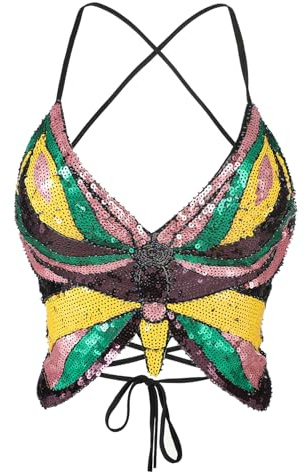 TCNGKIJIUK Haut Court Papillon à Paillettes pour Femme Haut de Crop Top Scintillant Soutien-Gorge de Danse Costume de Gilet sans Manche Costume de Danse du Ventre pour Spectacle Festival Soirée Fête