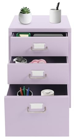 Rullcontainer metall med 3 lådor, mobilt arkivskåp med etikettslits, för sovrum, vardagsrum, kontor, arbetsrum, 41 x 28 x 48 cm, lila