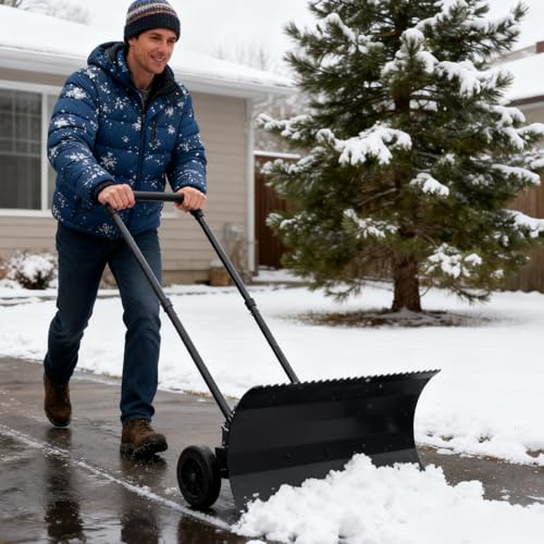 Kraftig snöspade med hjul, 76 cm is och snö, dubbelanvändning snöspade för uppfart, vinkeljusterbart blad och handtag snöskjutare, effektiv snöborttagning för uppfarten