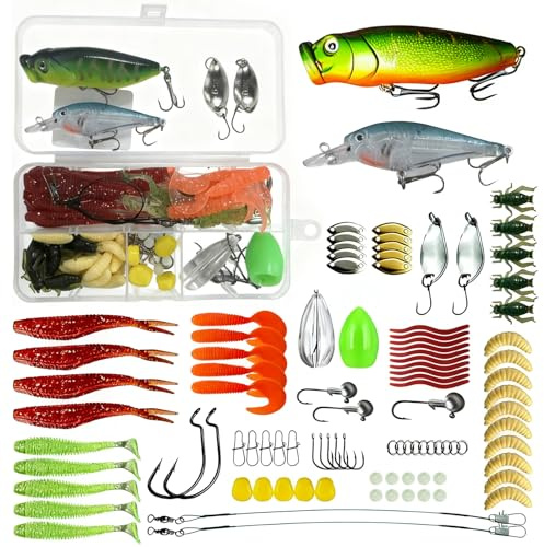 98 pezzi Set di esche da pesca con scatola, set di micro esche da pesca miste, esche artificiali, Pesca Accessori, spinner, popper, jigheads, per pesca in acqua dolce e salata, luccio, trota, pesce