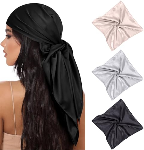 InfiniZer 3 Pack Square Silk Scarf for Women, Satin Head Scarf Bandana Hair Wraps Neck Scarves Solid Colors 35Inch