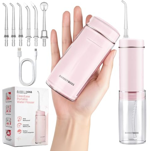 BarberBoss Hydropulseur buccal de voyage, jet dentaire rechargeable USB-C, hydropulseur portable sans fil avec 3 modes de nettoyage, 6 embouts, réservoir d'eau télescopique IPX8, QR-7113 (rose)