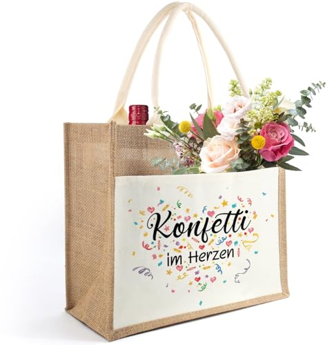 Karneval juteväska med slogan konfetti i hjärtat, jute bärkasse konfetti i hjärtat, jute shoppingväska kvinnor, karneval presenter för kvinnor kvinna vänner kollega
