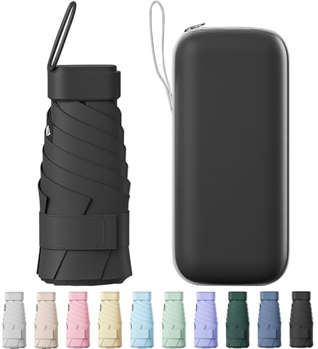 Betrynidil mini reseparaply, reseparaply – 6 spröt mini UV-paraply, ultralätt, regnbeständigt litet paraply, fickparaply ringspänne, svart
