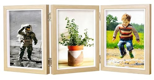 CHUANFU Triple Marcos de Fotos 10 x 15 cm, Plegable Marco de Fotos Multiples de Madera, Marco Decoración Hogareña Escritorio Decorar, Portafotos Multiple para Bodas Familia Bebé, Color Madera