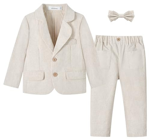 Volunboy Conjunto de Traje Formal para Bebé Niño 2 Piezas Blazer y Pantalón Ropa de Vestir para Boda y Fiesta(Tamaño 100,2-3 años,Blanca Beige)