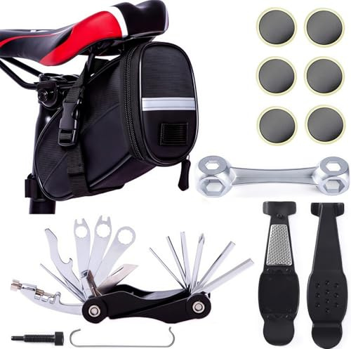 YBEKI Kit de Réparation de Vélo – Élévateur de Pneu 3-en-1 avec Patchs Autocollants, Multitool avec Outil à Chaîne et Sacoche de Siège Étanche – pour Vélo de Route, VTT (Outil pour Sacoches de Siège