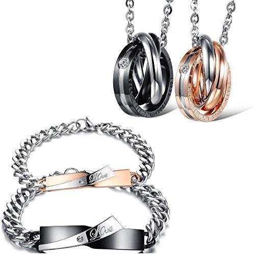 Kim Johanson Edelstahl Pärchen Schmuckset Enjoyment Armbänder & Ketten für verliebte in Roségold & Schwarz mit Zirkonia Steinchen besetzt inkl. Schmuckbeutel