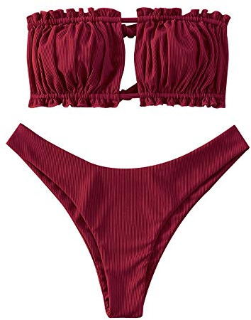 ZAFUL Set Bikini Due Pezzi da Donna, Bandeau Arricciato a Coste Senza Spalline Reggiseno Imbottito Natural Waist Briefs