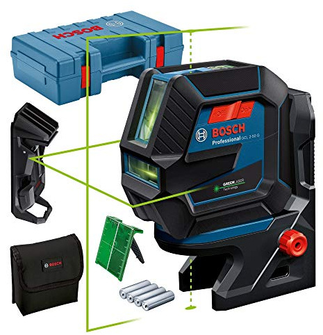 Bosch Professional Laser Level GCL 2-50 G (Green Laser, Interior, RM 10 Mount, Ceiling clamp, Visible Working Range: up to 15m, 4X AA Battery, in Carrying case)