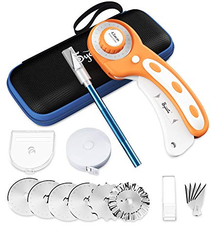 Rollschneider 45mm Rollschneider Stoff Set,Mit 6 Ersatz-Rollschneiden Zum Präzisen Schneiden Von Stoff/Leder/Papier/Ballaststoff Etc.Inklusive Aufbewahrungsbox,Präzisionsmesser und Maßband