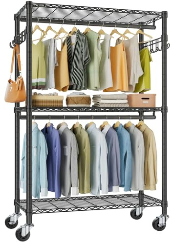 VIPEK R2 Plus Heavy Duty Rolling Garment Rack 3 Tiers Adjustable Wire Shelving Clothes Rack with Double Rods and Side Hooks, Freestanding Wardrobe Storage Rack Metal Clothing Rack, Black