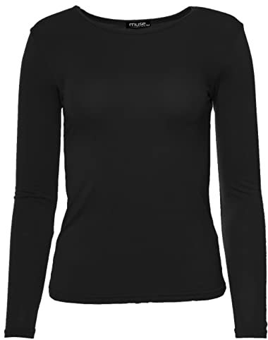 Easy Young Fashion - Damen Basic Rundhals Shirt - Langarm Unterziehshirt - Skinny Fit 1093 - Schwarz M