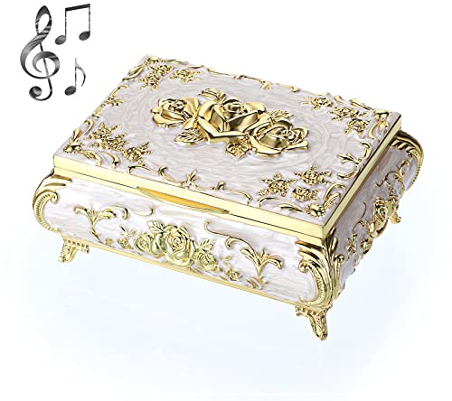 ELLDOO Vintage Music Box, Beige Metal Musical Jewelry Box Keepsake Box, Small Trinket Jewelry Storage Box Gift for Girl Women (Tune: You are My Sunshine)