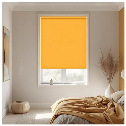 Thermal Insulated Blackout Fabric Roller Blinds, Easy Fit Room Darkening Shades Fittings Included Ochre (Width 240cm x Length 210cm, Blackout, Ochre) (BK004)